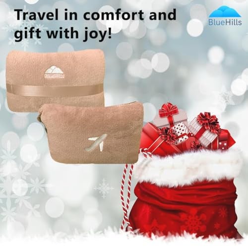 BlueHills Travel Blanket Pillow in Mini Soft Case Premium Plush Airplane Blanket Compact Luggage Belt and Backpack Clip Warm Plane Pillows Traveling Gifts Packable - Beige M06 - Image 3