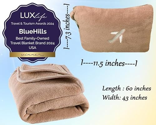 BlueHills Travel Blanket Pillow in Mini Soft Case Premium Plush Airplane Blanket Compact Luggage Belt and Backpack Clip Warm Plane Pillows Traveling Gifts Packable - Beige M06 - Image 4