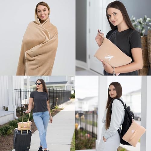 BlueHills Travel Blanket Pillow in Mini Soft Case Premium Plush Airplane Blanket Compact Luggage Belt and Backpack Clip Warm Plane Pillows Traveling Gifts Packable - Beige M06 - Image 2