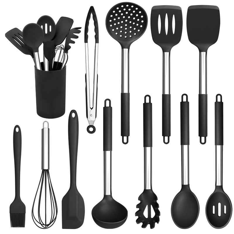 Herogo Kitchen Utensils Set 12 Pieces Silicone Cooking Utensils with Stainless Steel Handle Heat Resistant Cooking Tools Turner Spoon Spatula Set with Holder Easy to Clean  Black