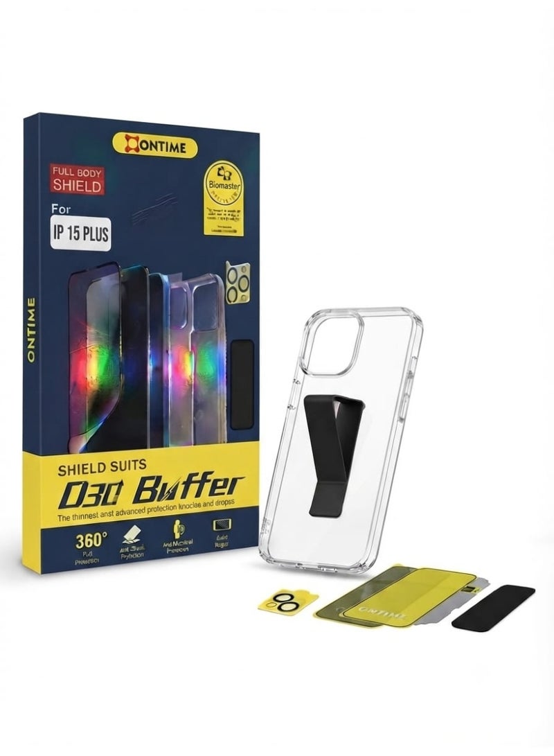 ONTIME Full Body Shield Pack for iPhone 15 Plus (Clear Case with Kickstand, Screen Protector, and Camera Protection)