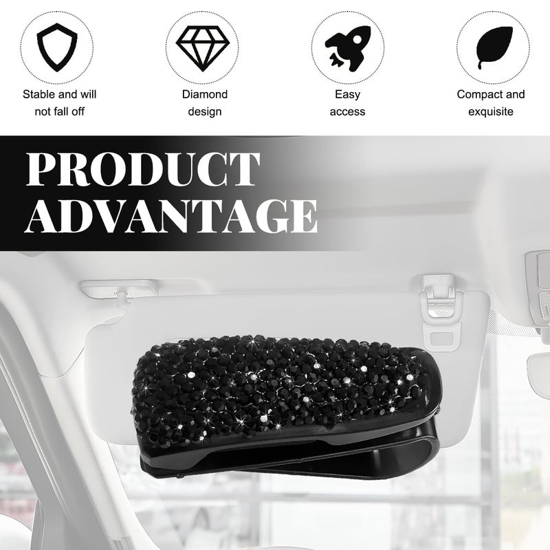 Wevdn 2 PCS Car Sun Visor Glasses Holder, Fashion Bling Car Eyeglasses Sunglasses Hanger for Women Girls, Glasses Holder Clip Hanger Mount with Ticket Card Clip, Car Accessories (Black) - Image 4