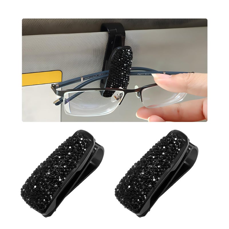 Wevdn 2 PCS Car Sun Visor Glasses Holder, Fashion Bling Car Eyeglasses Sunglasses Hanger for Women Girls, Glasses Holder Clip Hanger Mount with Ticket Card Clip, Car Accessories (Black) - Image 1