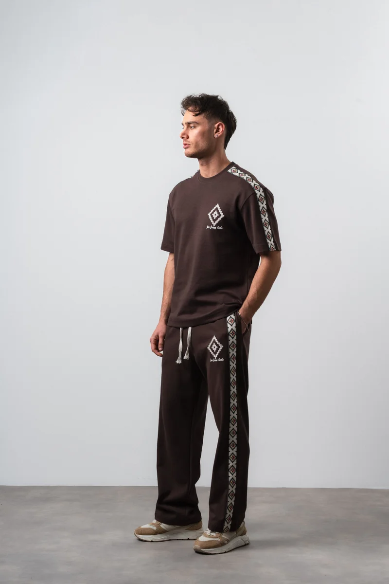 Respire Men's Far From Basic Striped Detail Regular Fit T-Shirt and Pants Set, Brown
