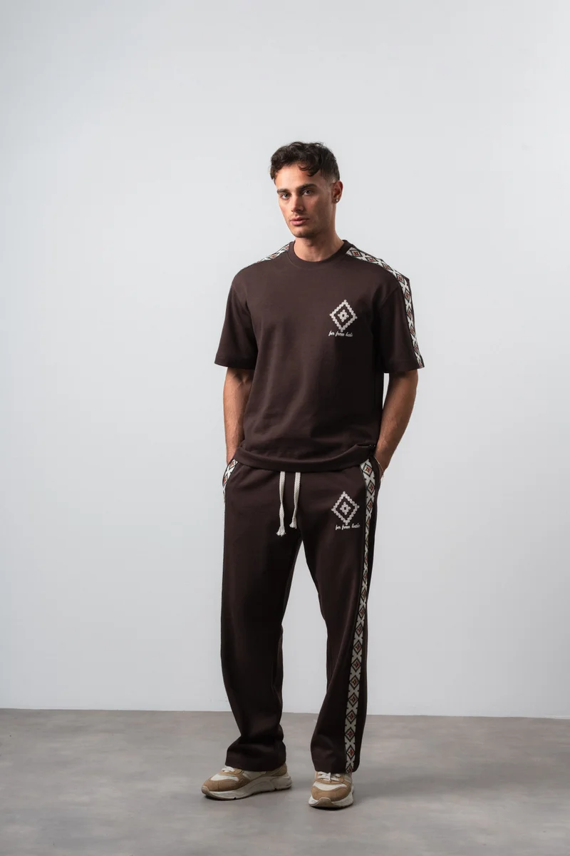 Respire Men's Far From Basic Striped Detail Regular Fit T-Shirt and Pants Set, Brown