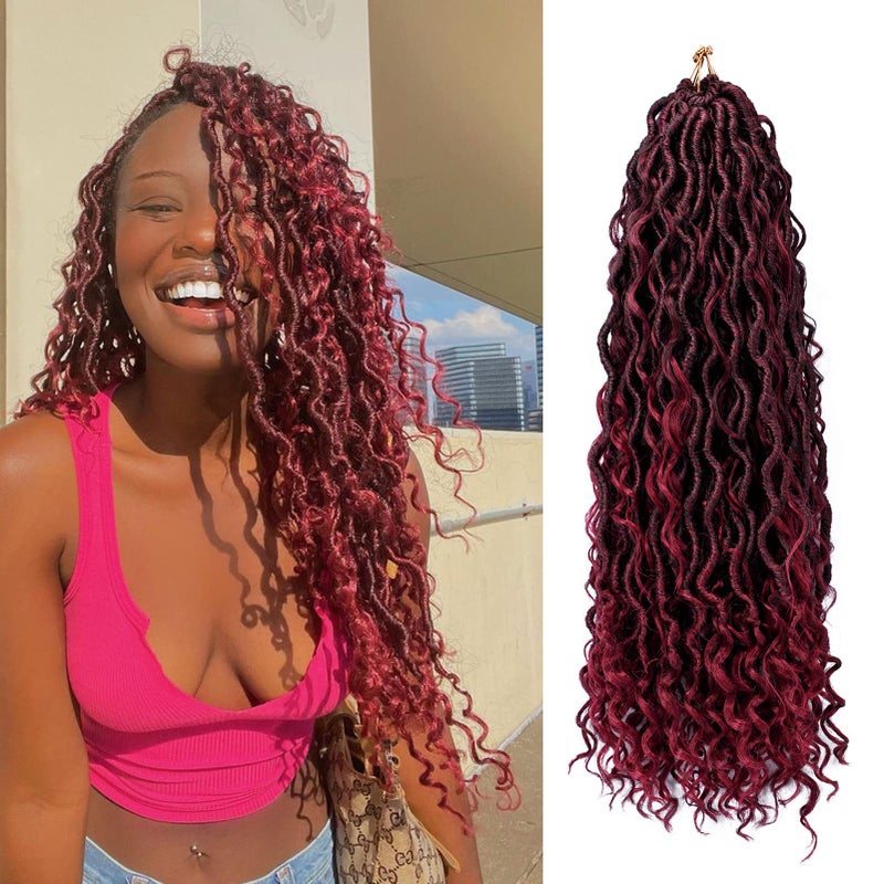 Dorsanee Goddess Locs Crochet Hair 18 Inch 7 Packs Ombre Burgundy Boho Faux Locs Crochet Hair for Black Women Pre Looped Crochet Locs with Curly Ends 1BBug