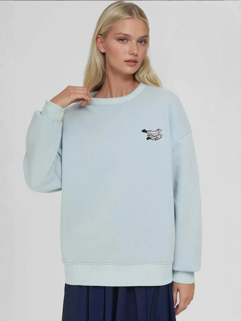 HICCUP Comfort Animal Pattern Embroidered Raised Crew Neck Sweatshirt