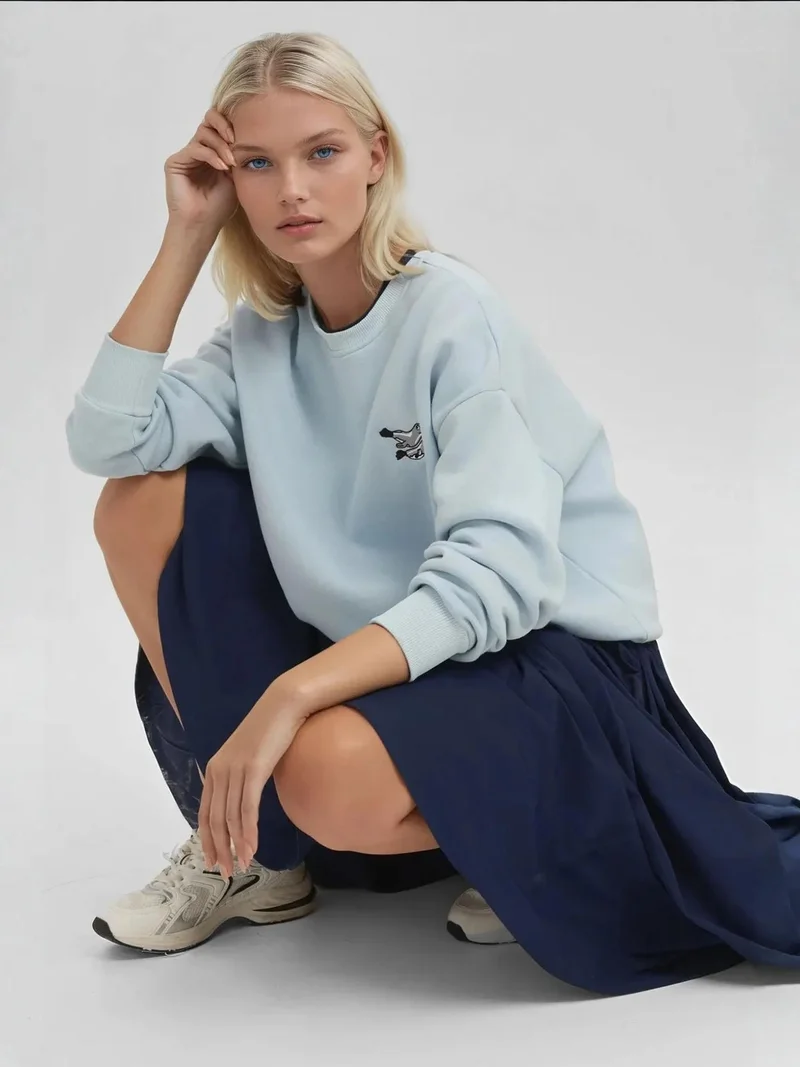 HICCUP Comfort Animal Pattern Embroidered Raised Crew Neck Sweatshirt