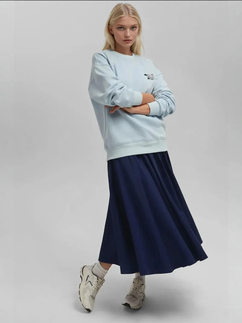 Hiccup Powder Blue Comfort Animal Pattern Embroidered Raised Crew Neck Sweatshirt for Women | Best Price UAE