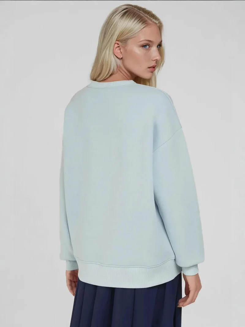 Hiccup Powder Blue Comfort Animal Pattern Embroidered Raised Crew Neck Sweatshirt for Women | Best Price UAE