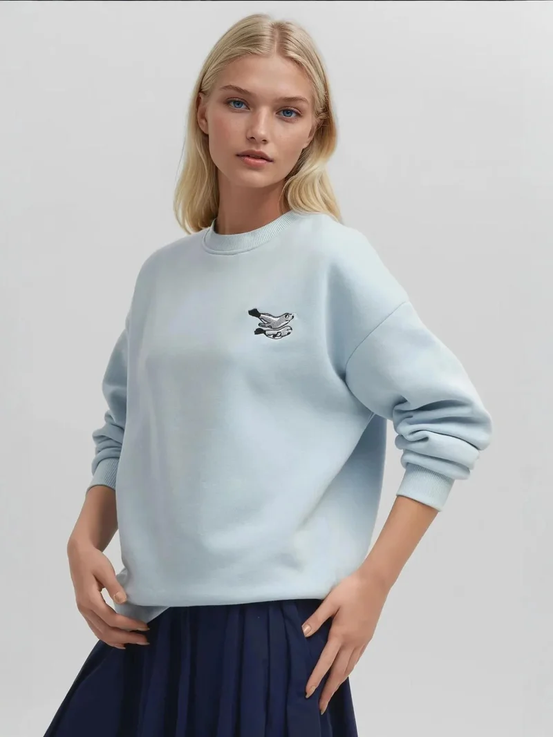 Hiccup Powder Blue Comfort Animal Pattern Embroidered Raised Crew Neck Sweatshirt for Women | Best Price UAE