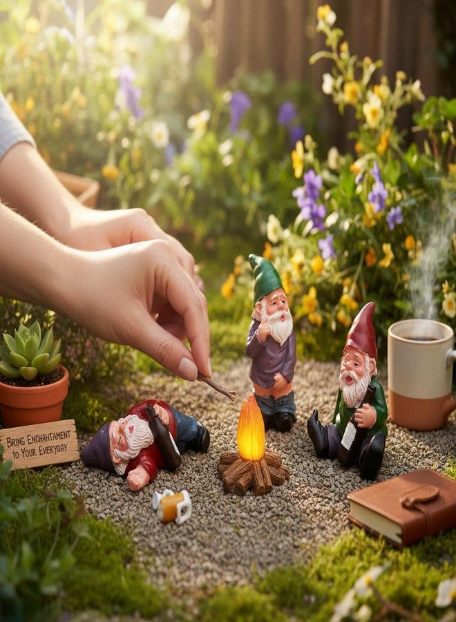 Krisah Garden Gnome Set, 4 Pieces Miniature Figurines with Bonfire, Fairy Garden Terrarium Decoration, Table top Office and Home Decor - Image 4