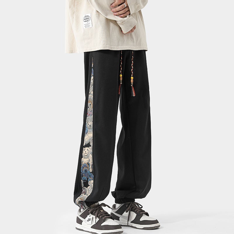 Embroidered Bear Joggers Men Casual Harlan Pants Black  - Image 1