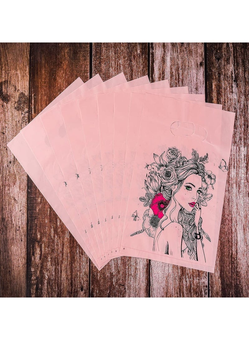 KASTWAVE Plastic Bag with Die Cut 100 PCS Handle Bag, Reusable Good Merchandise Bag, Shopping Bag, Retail Bag, Restaurant Bag, Gift Bag Wrapping Bag with Die Cut Handles, 15cm x 20cm Pink Girl Pattern  - Image 3