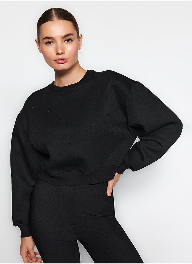 trendyol - Black Thick Fleece Inside Stone Detail Regular/Normal Fit Knitted Sweatshirt TWOAW24SW00118 - Image 1