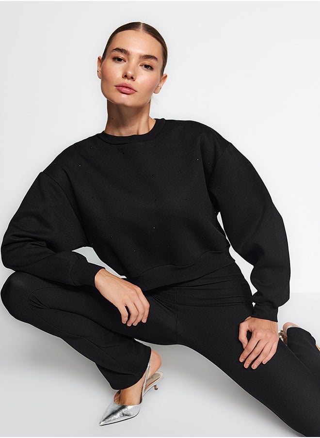 trendyol - Black Thick Fleece Inside Stone Detail Regular/Normal Fit Knitted Sweatshirt TWOAW24SW00118 - Image 1