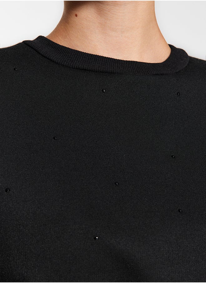 trendyol - Black Thick Fleece Inside Stone Detail Regular/Normal Fit Knitted Sweatshirt TWOAW24SW00118 - Image 1