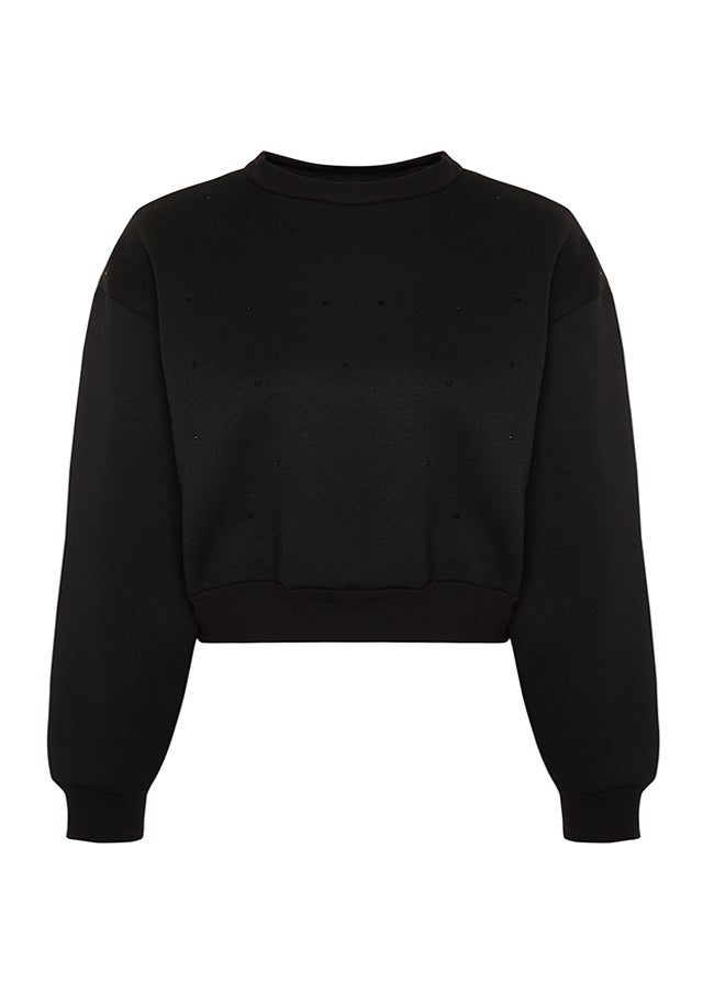trendyol - Black Thick Fleece Inside Stone Detail Regular/Normal Fit Knitted Sweatshirt TWOAW24SW00118 - Image 1