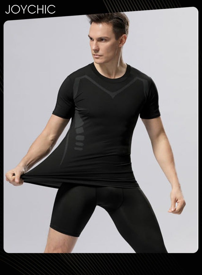 Joychic تي شيرت رجالي رياضي ضيق سريع الجفاف وعالي المرونة بأكمام قصيرة لممارسة رياضة كرة السلة والجري لجميع المواسم باللون الأسود - Image 2