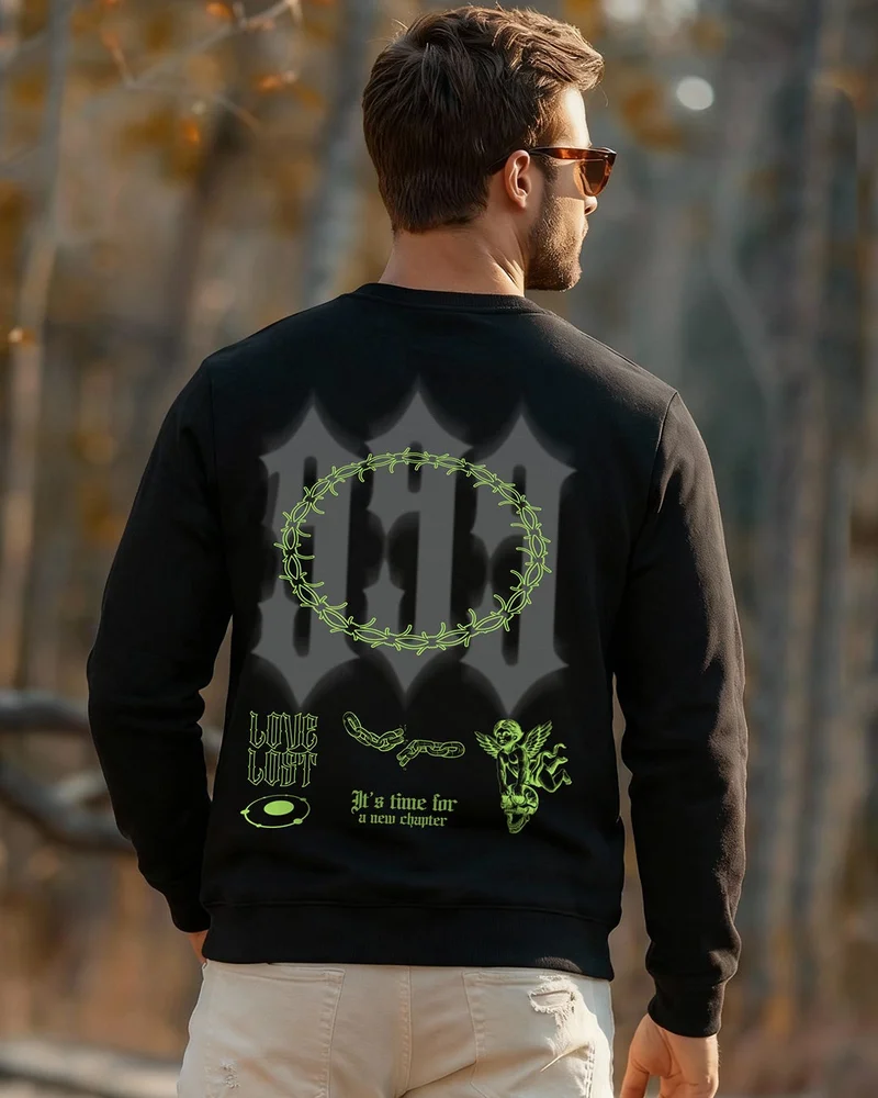 بيواكوف سويت شيرت رجالي مقاس كبير مطبوع برسومات أسود فحمي