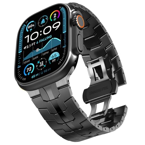 CHANCHY Stainless Steel Band for Apple Watch Band Apple Watch Ultra 3/2/1 Band 49mm, Series 11/10 46mm, 9/8/7 45mm, SE3/SE2/SE 6/5/4 44mm, 3/2/1 42mm, Metal Strap with Folding Clasp for Men, Black - Image 1
