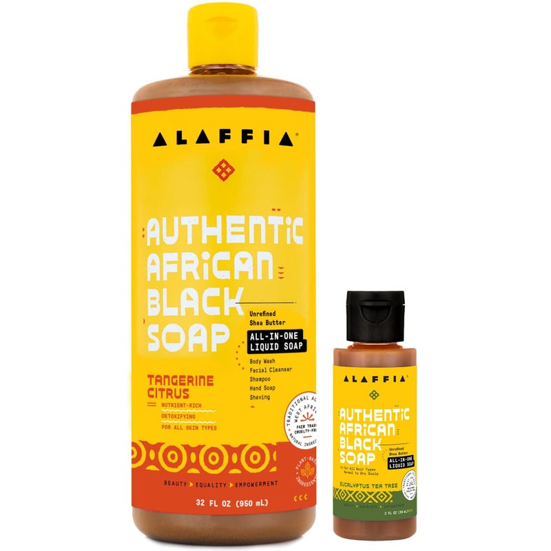 Alaffia Authentic African Black Soap, Tangerine Citrus (32 Oz) + Eucalyptus Tea Tree (2 Oz) â€“ All-in-One Moisturizing Cleanser for Face, Hands, Body & Hair - Image 1