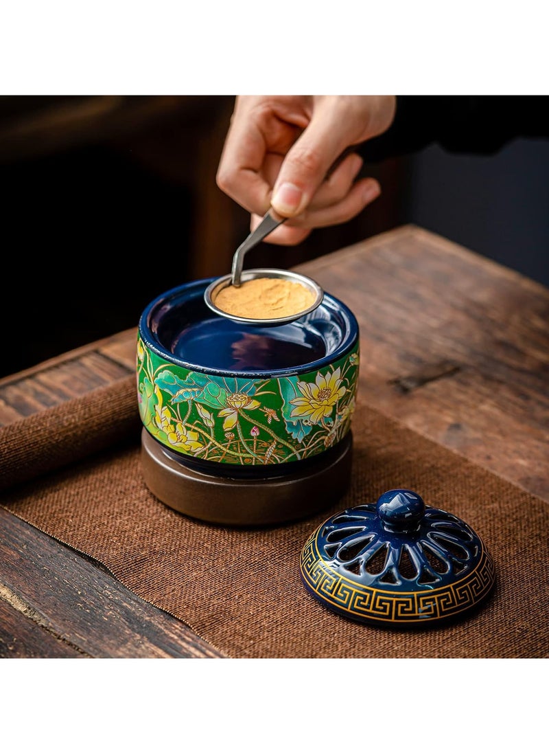 INFOSUN Enamel Ceramic Electric Incense Burner, Classical Incense Holder Chinese Lotus with Timer, Spoon, Plate, Tweezers for Home Decor, Yoga, SPA  - Image 1