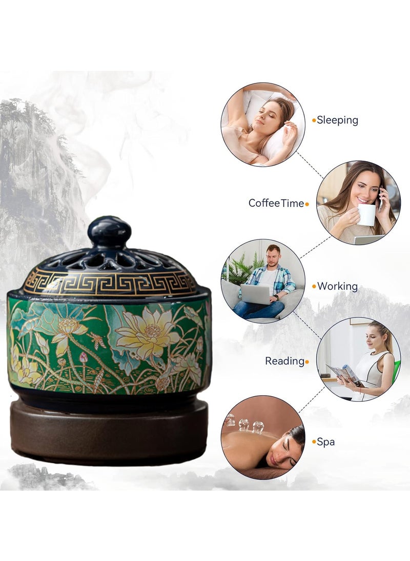 INFOSUN Enamel Ceramic Electric Incense Burner, Classical Incense Holder Chinese Lotus with Timer, Spoon, Plate, Tweezers for Home Decor, Yoga, SPA  - Image 2