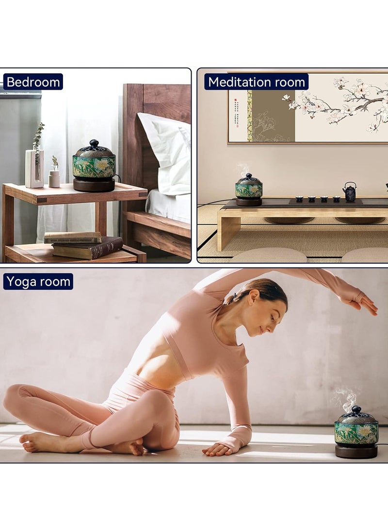 INFOSUN Enamel Ceramic Electric Incense Burner, Classical Incense Holder Chinese Lotus with Timer, Spoon, Plate, Tweezers for Home Decor, Yoga, SPA  - Image 3