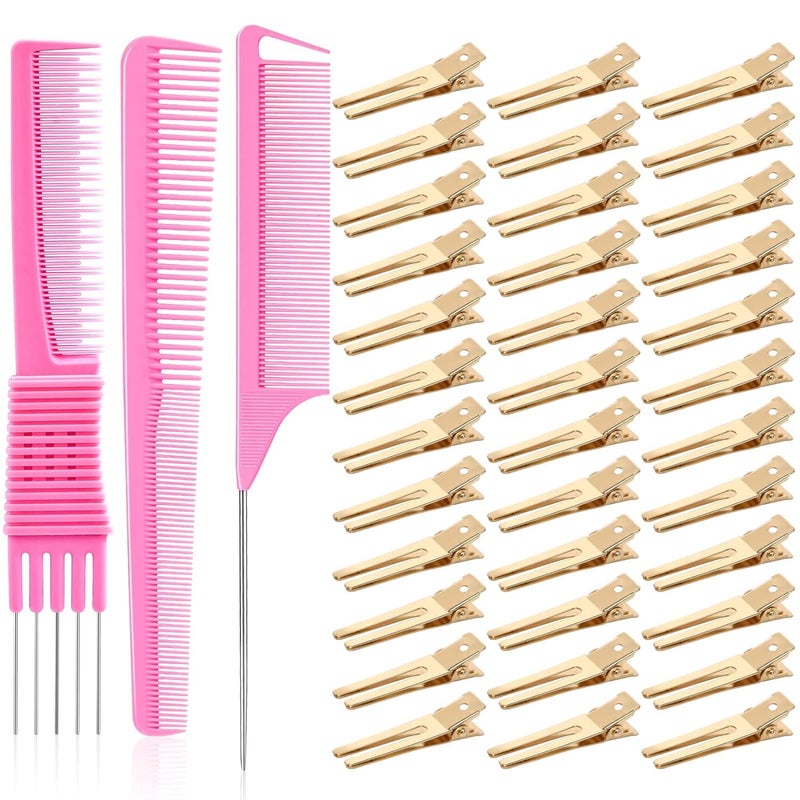 50Pcs Pin Curl Clips IKOCO Hairdressing Double Prong Hair Clips with 3Pcs Comb Set for Setting Curls Hair Salon or Barber Gold