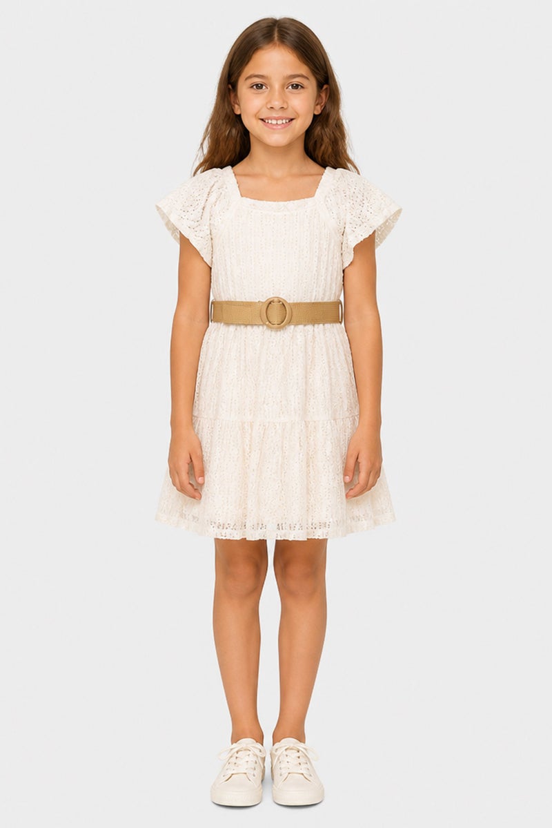 Willow & Whistle Kids Girl Textured Short Sleeve Dress, Rust Brown - Image 1