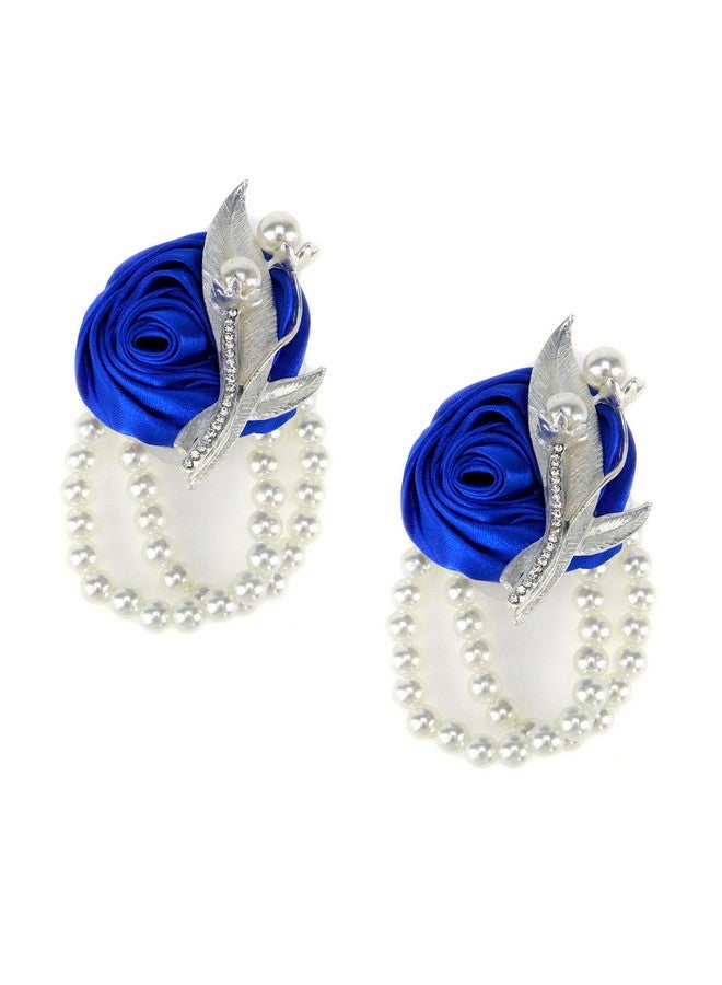 Dnyta Pack Of 2 Wedding Wrist Flower Blue Bridesmaid Bride Corsage Pearl Decor Hand Flowers For Prom Party - Image 2