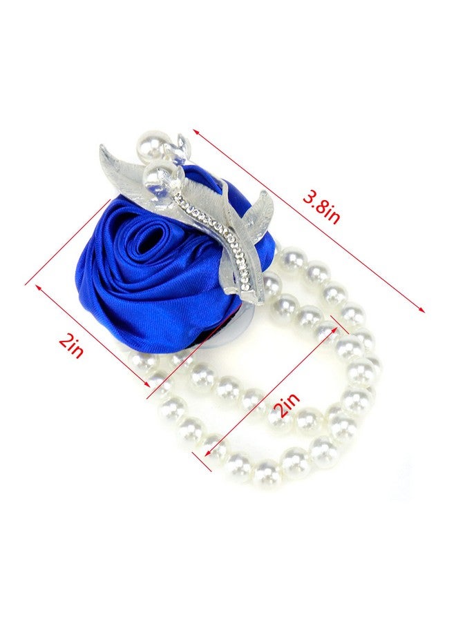 Dnyta Pack Of 2 Wedding Wrist Flower Blue Bridesmaid Bride Corsage Pearl Decor Hand Flowers For Prom Party - Image 3