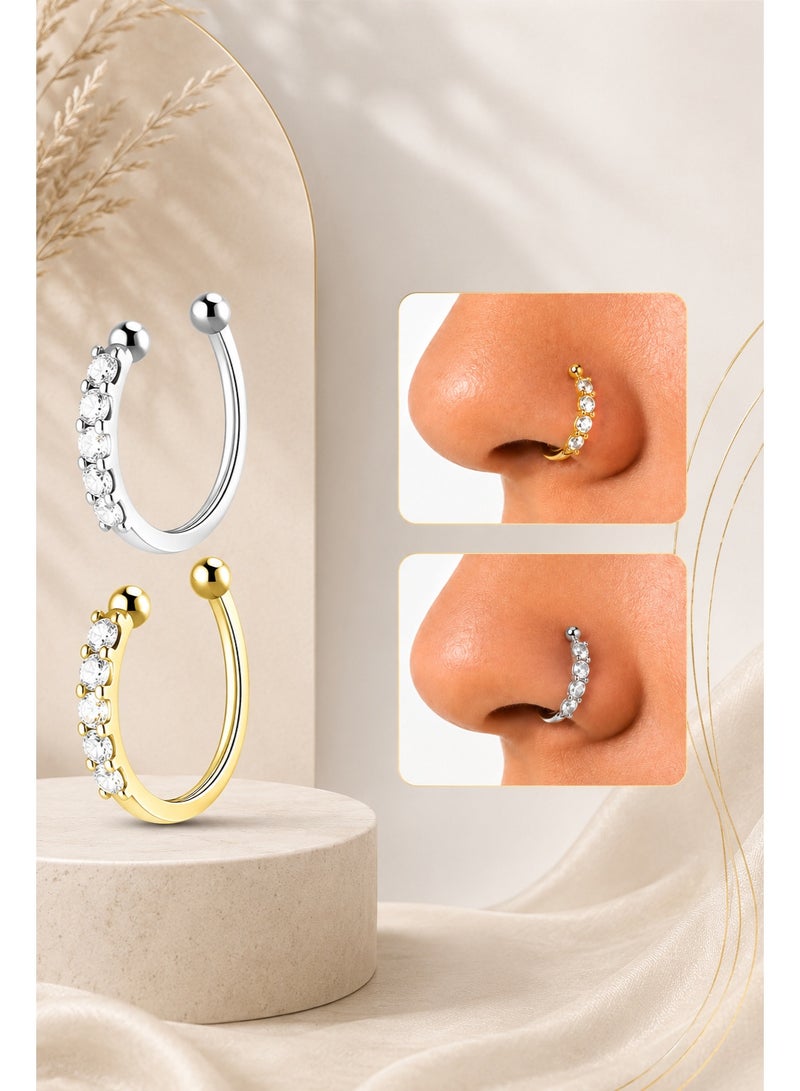 Nevara Pack of 2 Premium Faux Nose Cuff Rings with Sparkling Zirconia (Gold & Silver) – Hypoallergenic & Comfortable Everyday Wear - Image 2