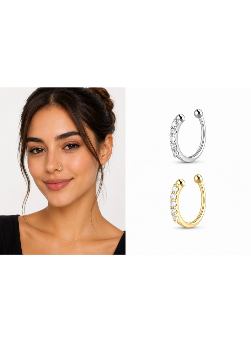 Nevara Pack of 2 Premium Faux Nose Cuff Rings with Sparkling Zirconia (Gold & Silver) – Hypoallergenic & Comfortable Everyday Wear - Image 1