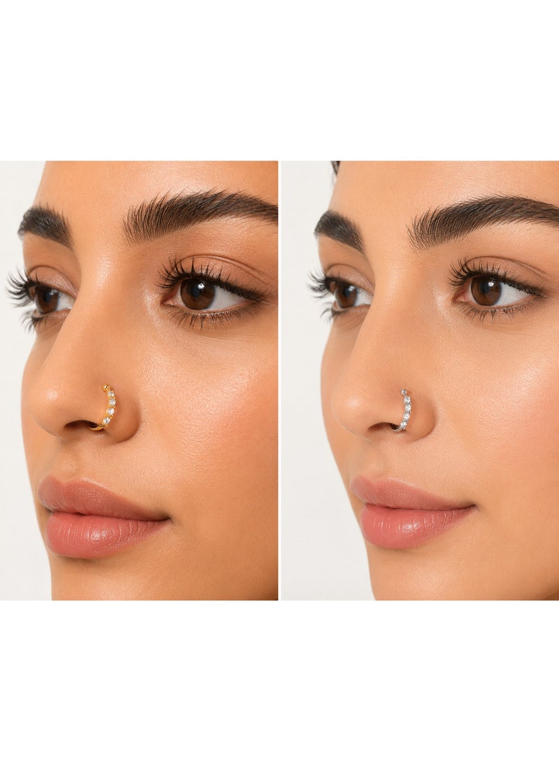 Nevara Pack of 2 Premium Faux Nose Cuff Rings with Sparkling Zirconia (Gold & Silver) – Hypoallergenic & Comfortable Everyday Wear - Image 3