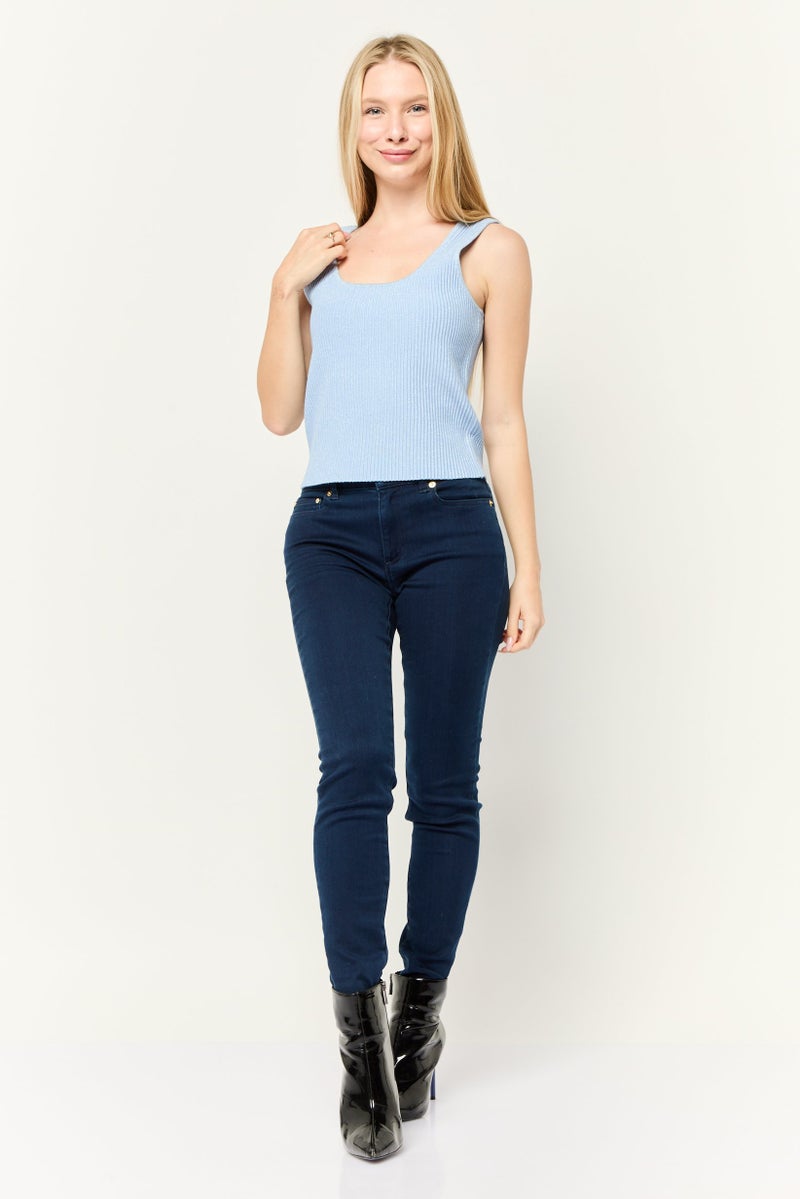 DKNY Women Round Neck Sleeveless Metallic Top, Light Blue - Image 2