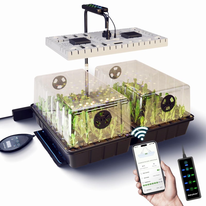 MetryGrow 48W Full Spectrum LED Grow Light Seed Starter Kit, 80-Cell Tray with 30W Heating Mat & Adjustable Dome, Waterproof Germination System for Healthy Indoor Seedlings - Image 1
