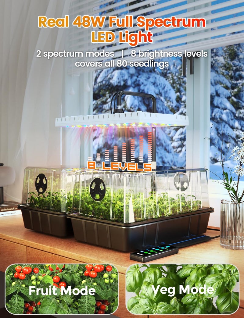 MetryGrow 48W Full Spectrum LED Grow Light Seed Starter Kit, 80-Cell Tray with 30W Heating Mat & Adjustable Dome, Waterproof Germination System for Healthy Indoor Seedlings - Image 2