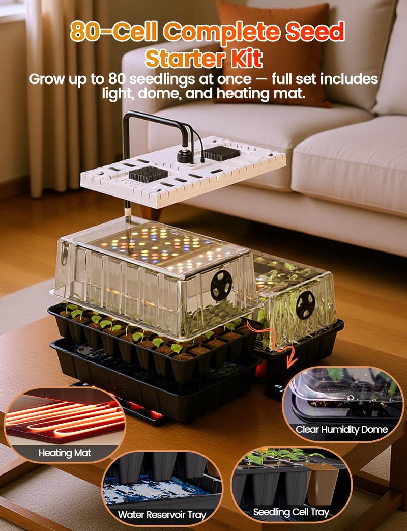 MetryGrow 48W Full Spectrum LED Grow Light Seed Starter Kit, 80-Cell Tray with 30W Heating Mat & Adjustable Dome, Waterproof Germination System for Healthy Indoor Seedlings - Image 4