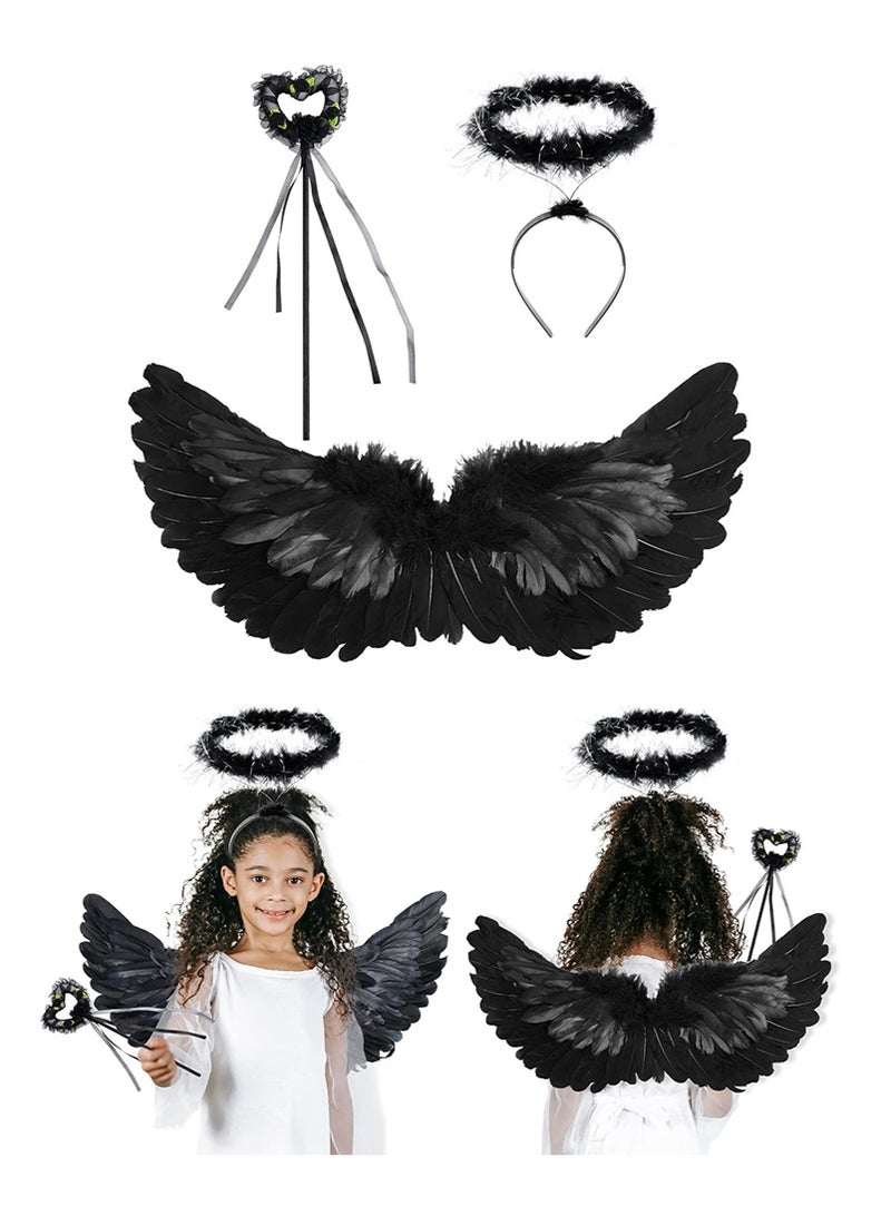 TAPIT Halloween Angel Wings for Girls - Kid's Costume with Halo Headband, Adjustable Shoulder Straps, Perfect for Fancy Dress, Cosplay, and Party Fun (Black Angel) - Image 1