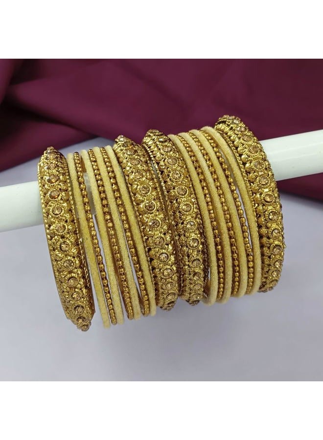 Efulgenz Boho Antique Oxidized Indian Jewellery Tribal Crystal Velvet Bracelet Bangle Set (18pc), Ivory, 2.6 - Image 2