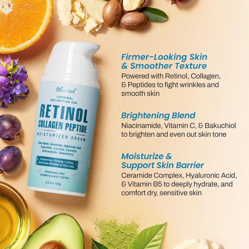 Ebanel Retinol Cream for Face 3.5 oz, Moisturizer with Collagen, Peptides, Ceramides, Hyaluronic Acid, Vitamin C & B5, Firming Anti Aging Face Cream for Wrinkles, Fine Lines, Dark Spots, Day & Night - Image 2