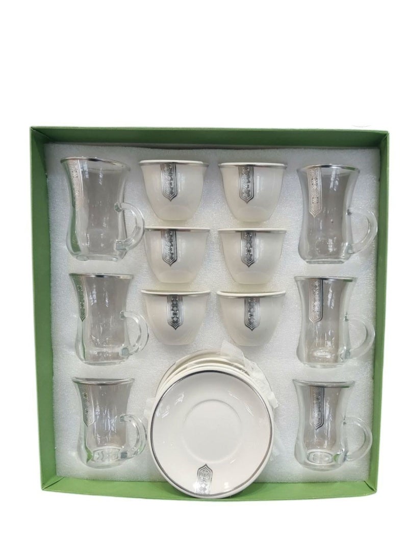 AL OSTORAH Legend Luxury Cup Serving Set 18 Pieces Glass Tea Cups and Porcelain Coffee Cups 