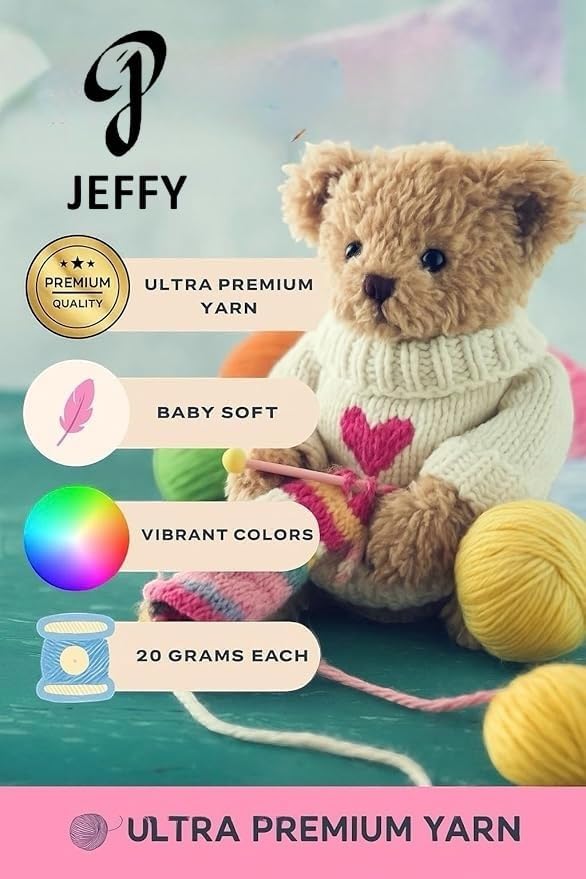 JEFFY JEFFY Multicolor Yarn Pack of 24 Wool Balls (1 Ball / 20 Grams), 480 Grams (aprox) Assorted Bright & Pastel Shades, 100% Acrylic, Ideal for DIY, Knitting & Crocheting Projects. - Image 2