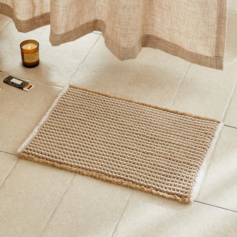 TYUU Waffle Bath Mat, Boho Bathroom Rugs Non Slip Washable Super Absorbent Quick Dry Bath Mat Farmhouse Bathroom Decor, 24"x16" Khaki and White - Image 1