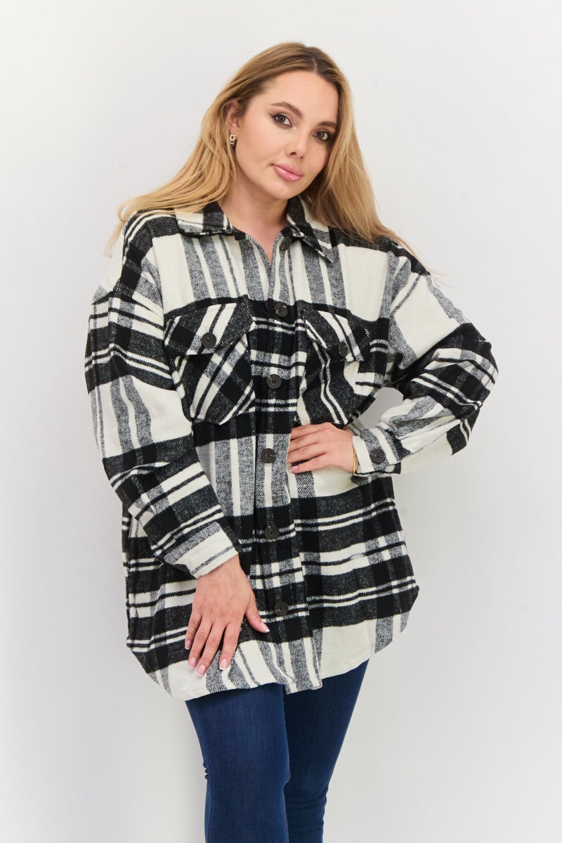 DEX Women Plaid Trench Coat, Black  - Image 1
