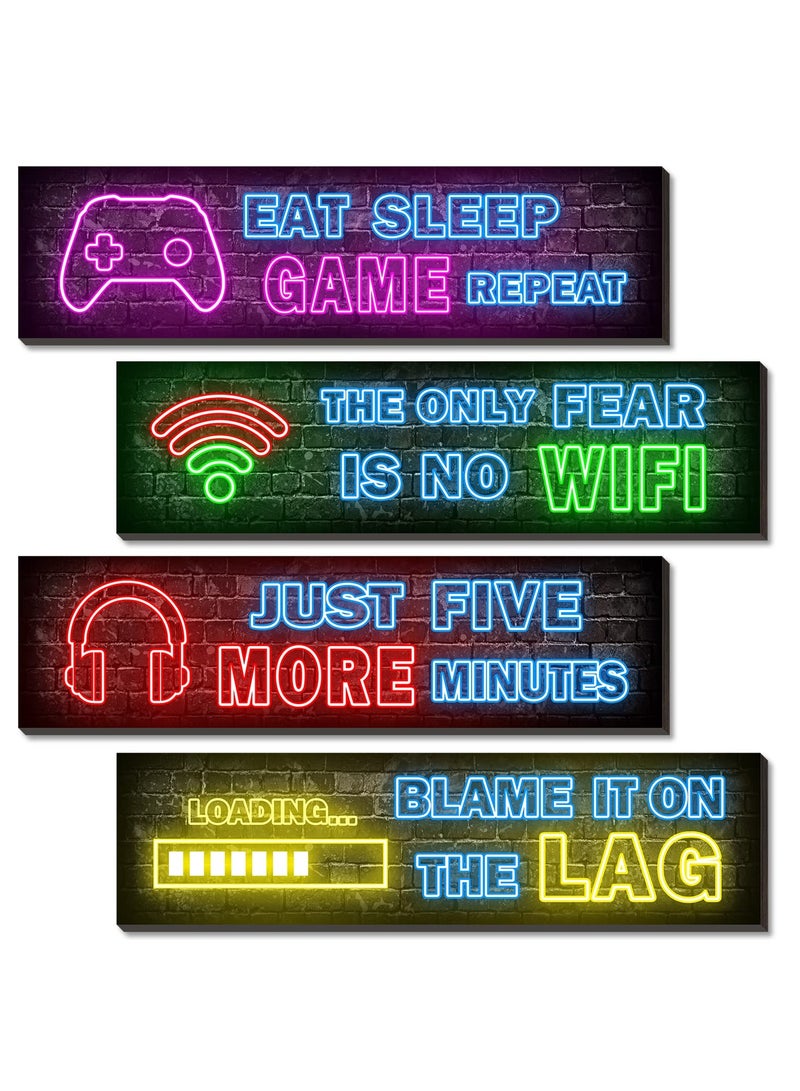 VIUAUAX 4 قطع من ملصقات الألعاب النيون المطبوعة، لوحة فنية جدارية مزخرفة، غرفة ألعاب من فن الحائط بطابع النيون، ديكورات غرف الأولاد المراهقين، ديكور جداري خشبي لغرف نوم اللاعبين - Image 1