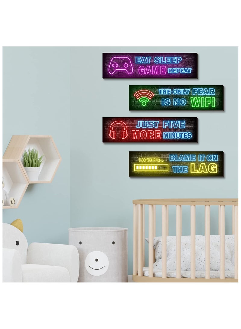 VIUAUAX 4 قطع من ملصقات الألعاب النيون المطبوعة، لوحة فنية جدارية مزخرفة، غرفة ألعاب من فن الحائط بطابع النيون، ديكورات غرف الأولاد المراهقين، ديكور جداري خشبي لغرف نوم اللاعبين - Image 2