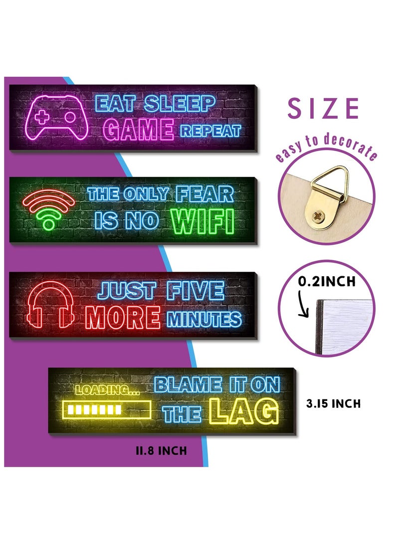 VIUAUAX 4 قطع من ملصقات الألعاب النيون المطبوعة، لوحة فنية جدارية مزخرفة، غرفة ألعاب من فن الحائط بطابع النيون، ديكورات غرف الأولاد المراهقين، ديكور جداري خشبي لغرف نوم اللاعبين - Image 3